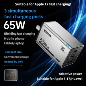 65W 3-Port GaN Fast Charger, Compact USB C